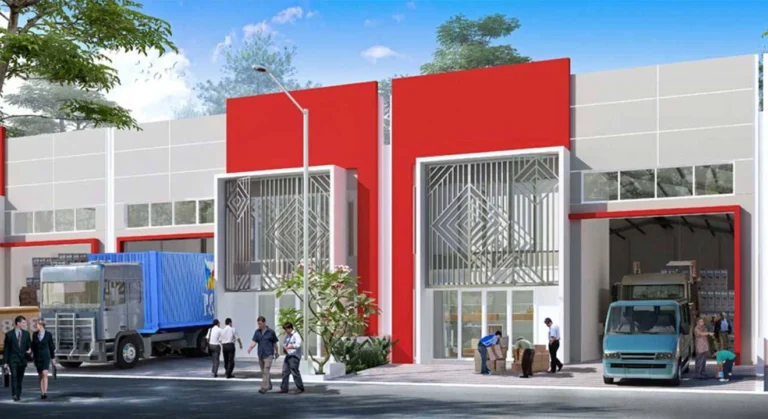 Render 3D eksterior gudang tipe Red Diamond di Bizpark Banjarmasin, menampilkan fasad modern berwarna merah dan abu-abu dengan jendela berpalang artistik, area loading dock dengan truk dan aktivitas pekerja di depan bangunan.