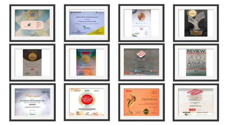 Koleksi penghargaan dan sertifikat yang diterima oleh PT Ciputra Development Tbk dan Ciputra Group, termasuk penghargaan properti, top brand, dan Asia's Leading Companies, menunjukkan rekam jejak keunggulan dalam pengembangan real estat.